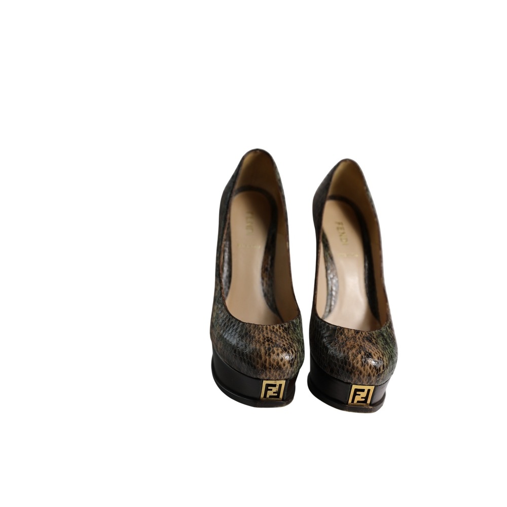 Fendi Snakeskin Embossed Leather FF Logo Platform Pumps Brown Green‎ Size 37